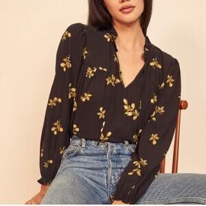 Reformation Amira Top Front Tie Floral Blouse Black Yellow Size Small